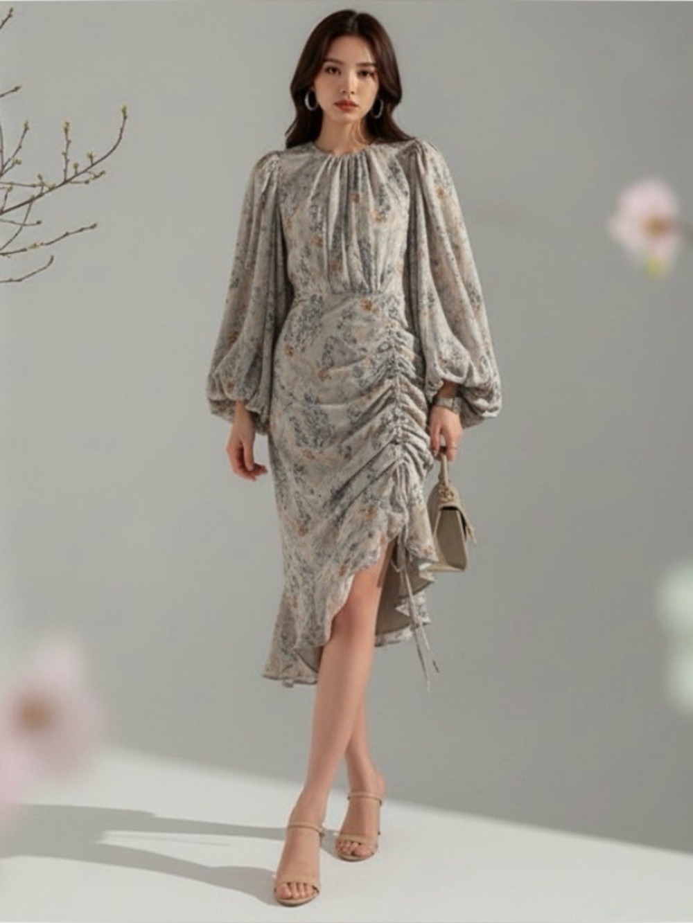 OPT OnePrettyTime French tea floral printed elegant lantern sleeve midi dress S